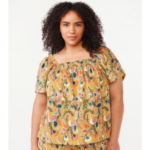 Joyspun PJ Shirt S Women's Yellow Floral Short Sleeve Smocked Sleep Shirt